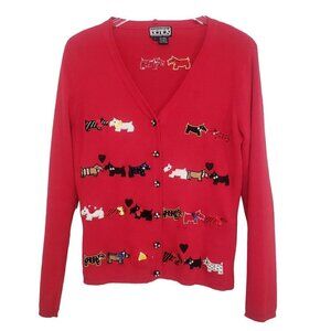 Berek Dog Cardigan Red Knit Cotton Blend V Neck Sweater Womens Size Large